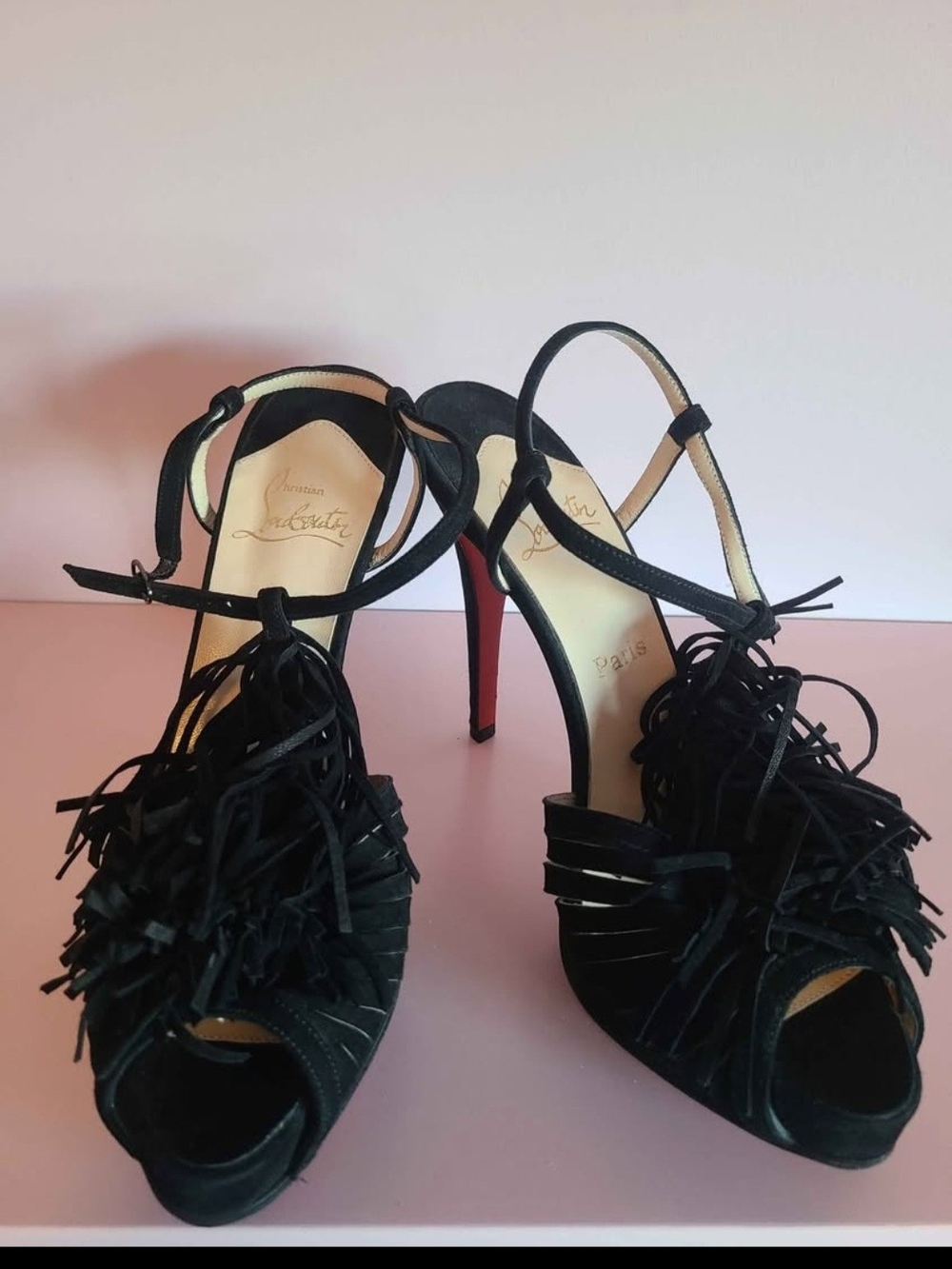 Christian Louboutin Black Suede Fringe Peep-Toe Slingbacks with Red Sole